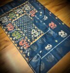 Midnight Teal Satin Saree with Artistic Elephant & Peacock Weave