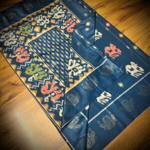 Midnight Teal Satin Saree with Artistic Elephant & Peacock Weave