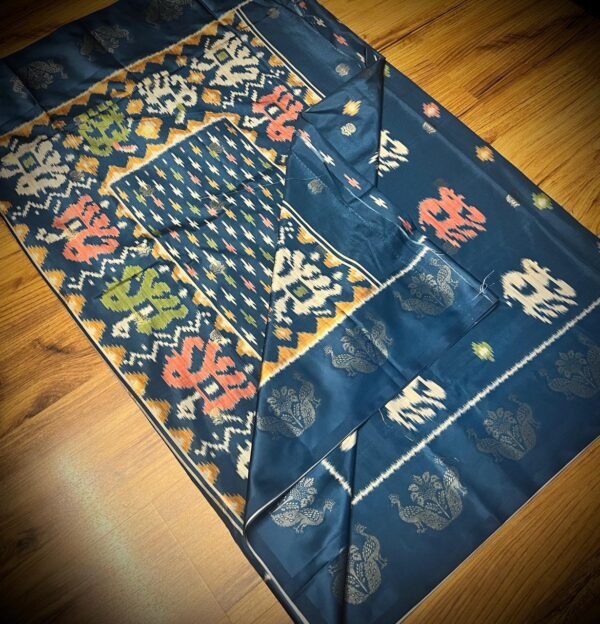 Midnight Teal Satin Saree with Artistic Elephant & Peacock Weave