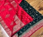 Emerald Green & Royal Red Gaji Satin Silk Saree with Intricate Zari Weaving