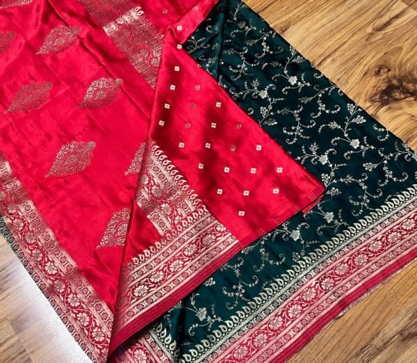 Emerald Green & Royal Red Gaji Satin Silk Saree with Intricate Zari Weaving