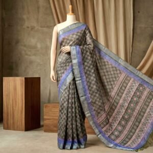 Artisan Ajrakh Print Linen Saree in Ash Grey with Silver Zari Border