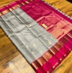 Elegant Grey & Rani Pink Gold Zari Kanjivaram Gap Border Saree