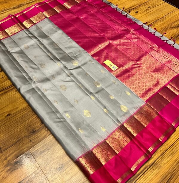 Elegant Grey & Rani Pink Gold Zari Kanjivaram Gap Border Saree
