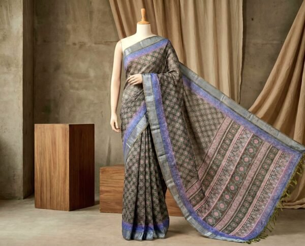 Artisan Ajrakh Print Linen Saree in Ash Grey with Silver Zari Border