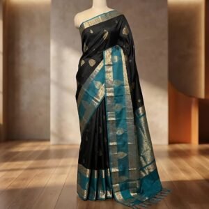 Elegant Black & Teal Silk Saree with Rich Gold Zari Weaving
