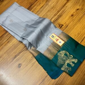 Elegant Silver Grey Silk Saree with Emerald Green Gold Zari Contrast Border