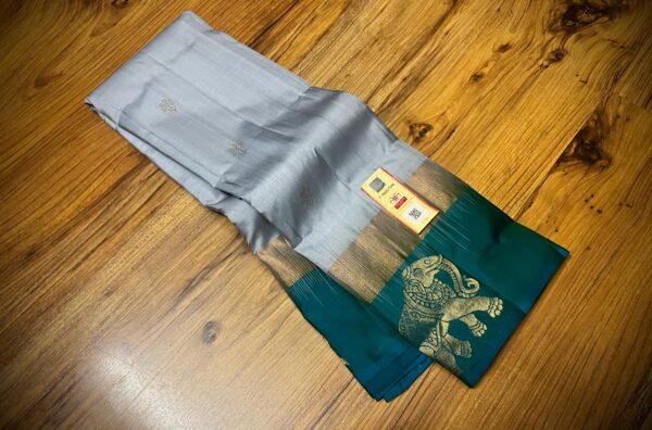 Elegant Silver Grey Silk Saree with Emerald Green Gold Zari Contrast Border