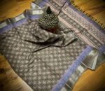 Artisan Ajrakh Print Linen Saree in Ash Grey with Silver Zari Border