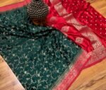 Emerald Green & Royal Red Gaji Satin Silk Saree with Intricate Zari Weaving