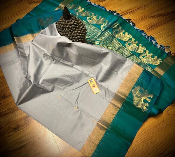 Elegant Silver Grey Silk Saree with Emerald Green Gold Zari Contrast Border