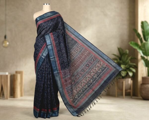 Classic Ajrakh Print Linen Saree in Charcoal Black with Silver Zari Border