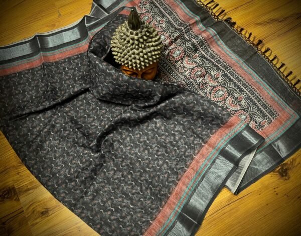 Classic Ajrakh Print Linen Saree in Charcoal Black with Silver Zari Border