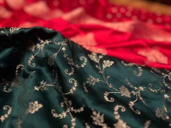 Emerald Green & Royal Red Gaji Satin Silk Saree with Intricate Zari Weaving