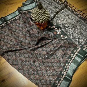 Traditional Ajrakh Print Linen Saree in Deep Olive Green with Silver Zari Border