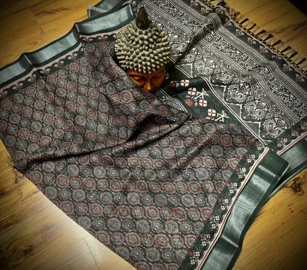 Traditional Ajrakh Print Linen Saree in Deep Olive Green with Silver Zari Border
