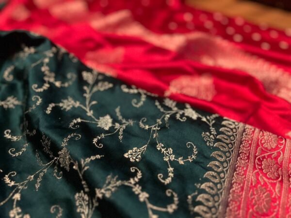 Emerald Green & Royal Red Gaji Satin Silk Saree with Intricate Zari Weaving