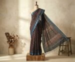 Elegant Ajrakh Print Linen Silk Saree in Deep Maroon with Silver Zari Border