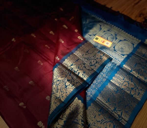 Royal Maroon & Peacock Blue Gold Zari Silk Saree