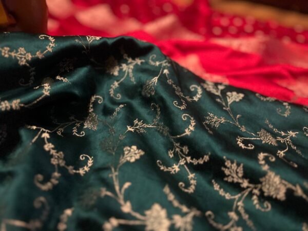 Emerald Green & Royal Red Gaji Satin Silk Saree with Intricate Zari Weaving