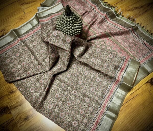 Elegant Ajrakh Print Linen Saree in Olive Taupe with Silver Zari Border