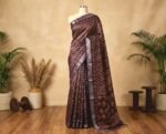 Classic Ajrakh Print Linen Saree in Coffee Brown with Silver Zari Border