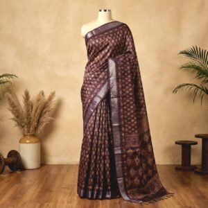 Classic Ajrakh Print Linen Saree in Coffee Brown with Silver Zari Border