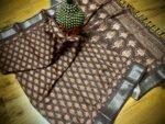 Classic Ajrakh Print Linen Saree in Coffee Brown with Silver Zari Border