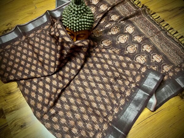 Classic Ajrakh Print Linen Saree in Coffee Brown with Silver Zari Border
