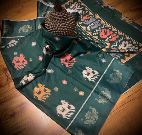 Emerald Green Satin Saree with Royal Elephant Motifs & Zari Peacock Border