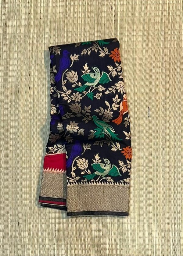 Midnight Navy Gold Zari Banarasi Saree with Multicolor Bird & Floral Jaal