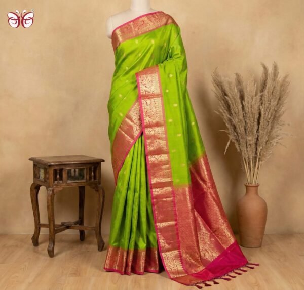 Parrot Green & Rani Pink Gold Zari Jacquard Border Saree