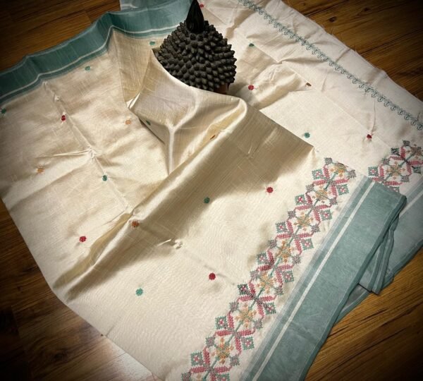Classic Ivory Tussar Silk Saree with Multicolor Buttas & Teal Border