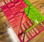 Parrot Green & Rani Pink Gold Zari Jacquard Border Saree