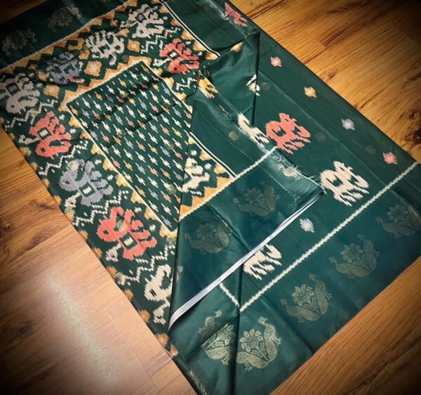 Emerald Green Satin Saree with Royal Elephant Motifs & Zari Peacock Border