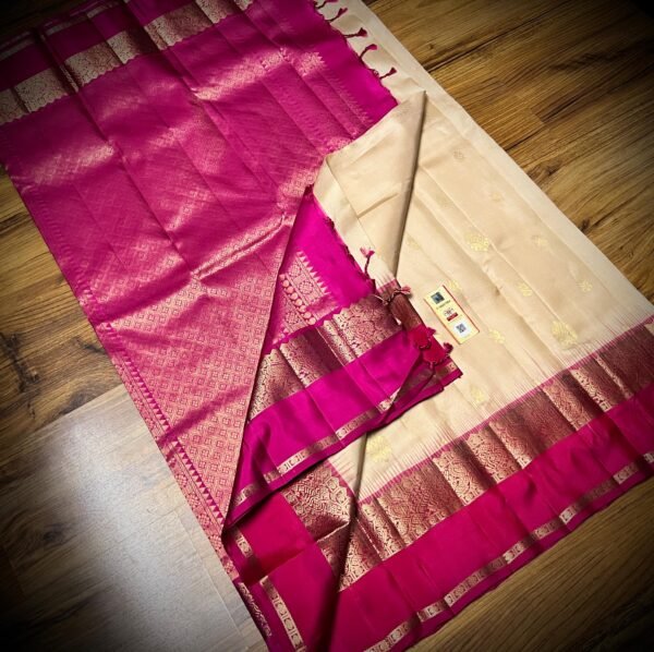 Graceful Beige & Rani Pink Gold Zari Gap Border Silk Saree