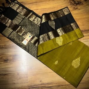 Mustard Silk Saree with Black Gold Zari Gap Border
