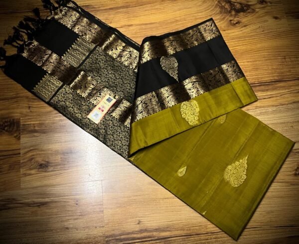 Mustard Silk Saree with Black Gold Zari Gap Border