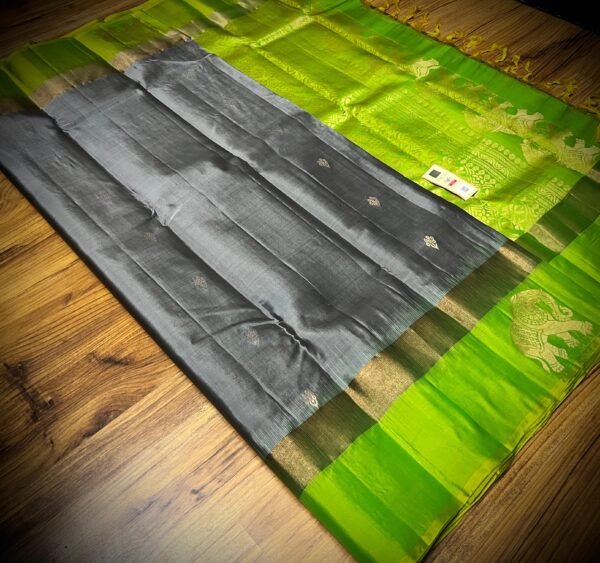Charcoal Grey Silk Saree with Lime Green Gold Zari Contrast Border