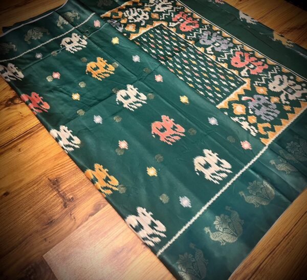 Emerald Green Satin Saree with Royal Elephant Motifs & Zari Peacock Border