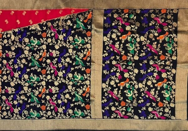 Midnight Navy Gold Zari Banarasi Saree with Multicolor Bird & Floral Jaal