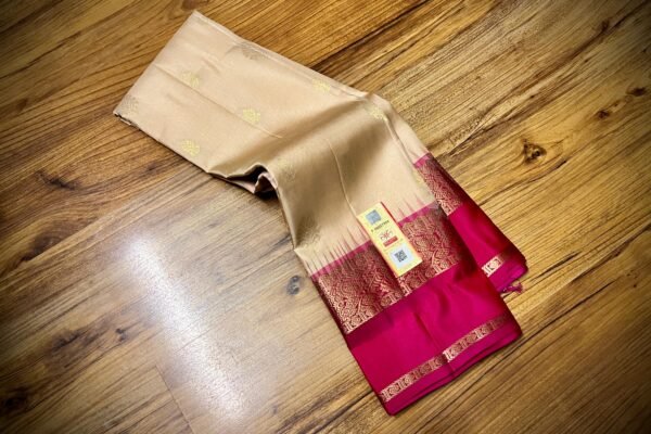 Graceful Beige & Rani Pink Gold Zari Gap Border Silk Saree