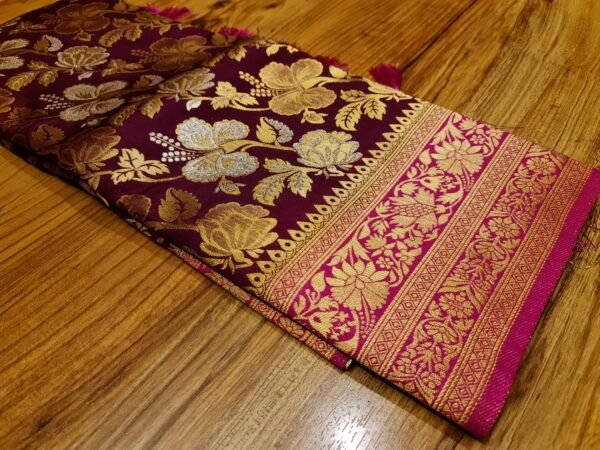 Regal Maroon & Rani Pink Gold Zari Banarasi Silk Saree
