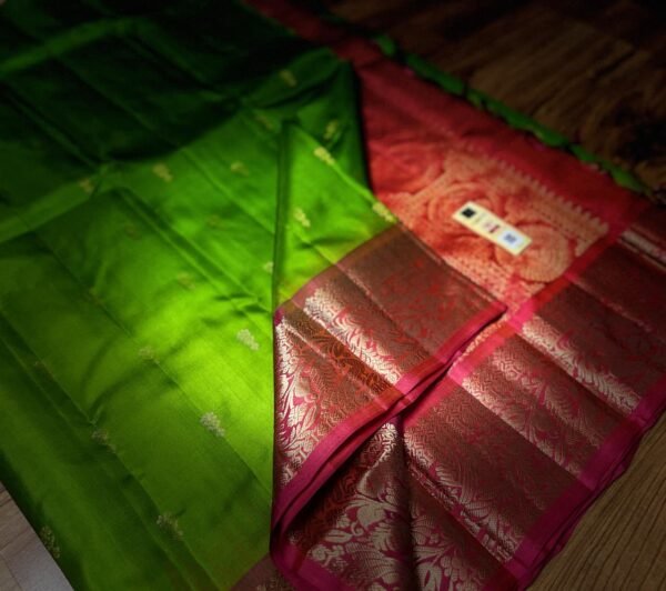 Parrot Green & Rani Pink Gold Zari Jacquard Border Saree