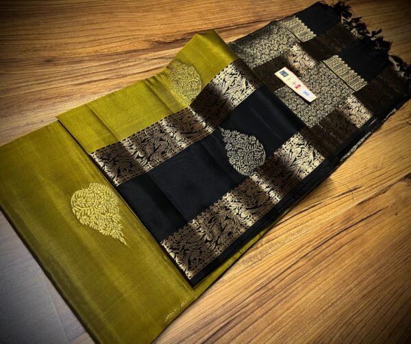 Mustard Silk Saree with Black Gold Zari Gap Border