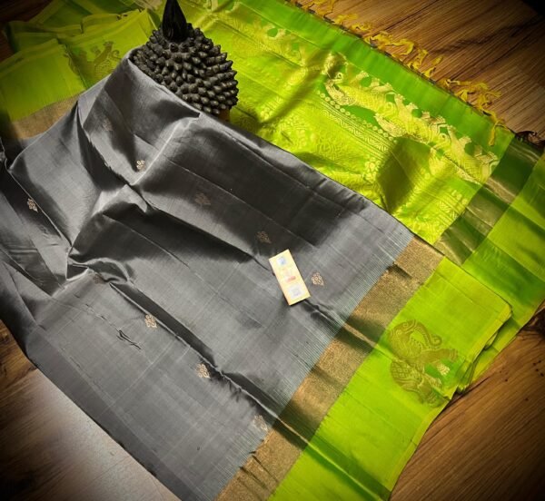 Charcoal Grey Silk Saree with Lime Green Gold Zari Contrast Border