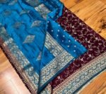Royal Wine & Teal Blue Gaji Satin Silk Saree with Elegant Zari Border