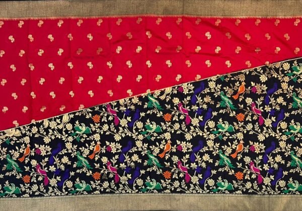 Midnight Navy Gold Zari Banarasi Saree with Multicolor Bird & Floral Jaal