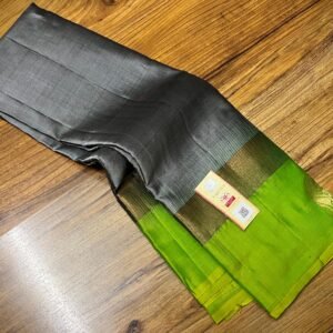 Charcoal Grey Silk Saree with Lime Green Gold Zari Contrast Border