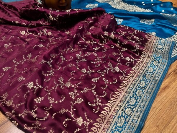 Royal Wine & Teal Blue Gaji Satin Silk Saree with Elegant Zari Border